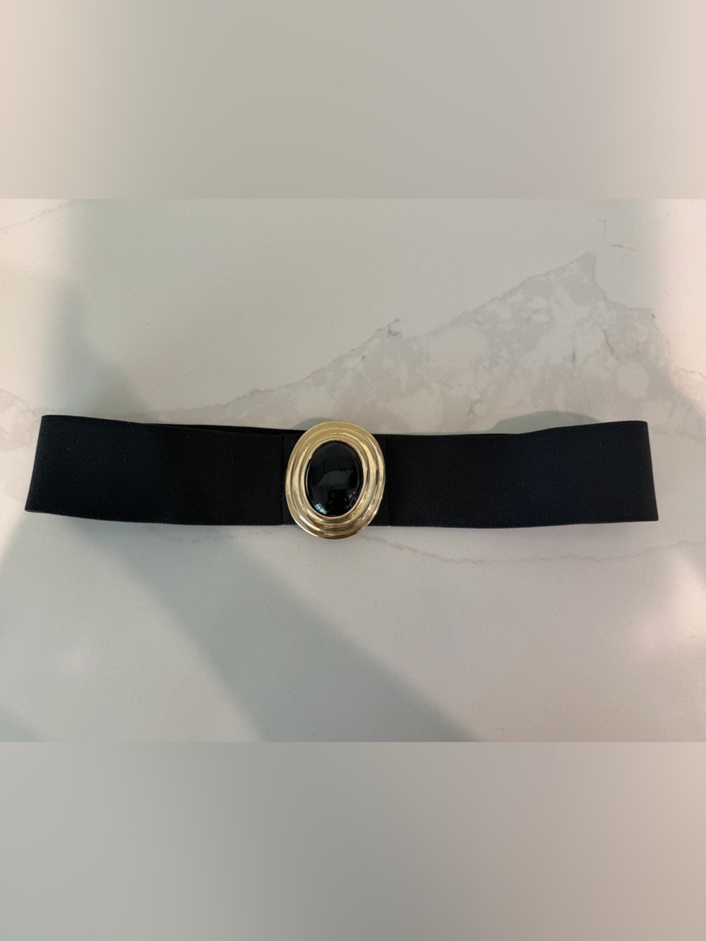 Vintage 80s-90s Motion East Black Elastic Waist Belt with Gold Oval Buckle